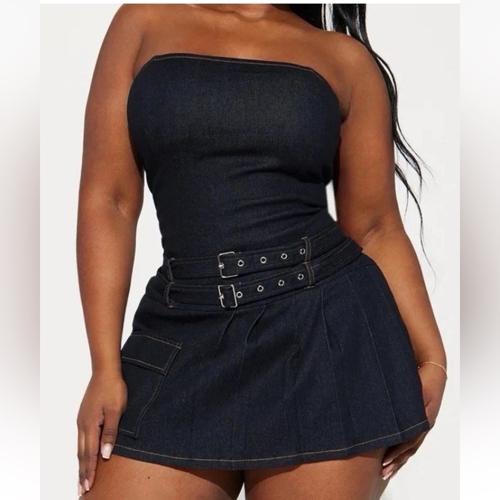 Fashion Nova Stretchy Halter Pleated Denim Belted Skort Romper Size 2X